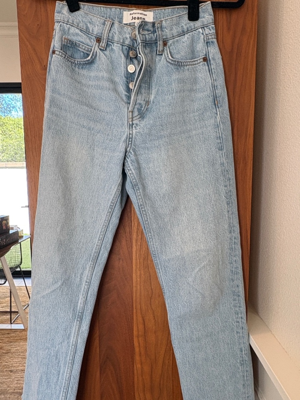 Reformation Jeans Light Wash High Rise Straight Leg Button Fly Raw Hem Size 23